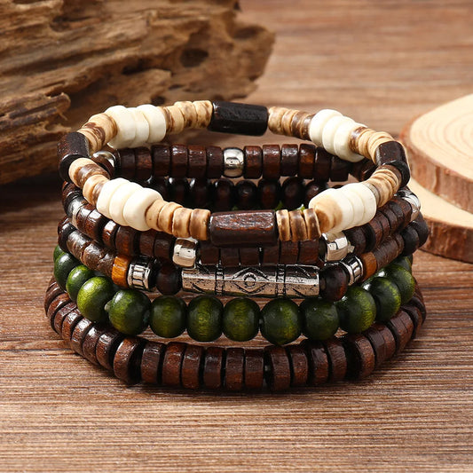 Retro men's multi-layered bracelet made with coconut shell, elastic cord, and wooden beads