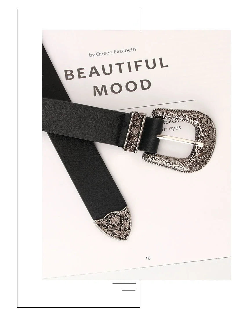 Adjustable women's boho western style belt with round buckle