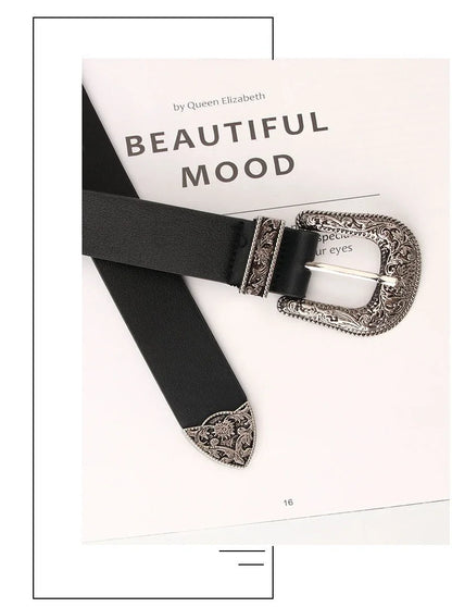 Adjustable women's boho western style belt with round buckle