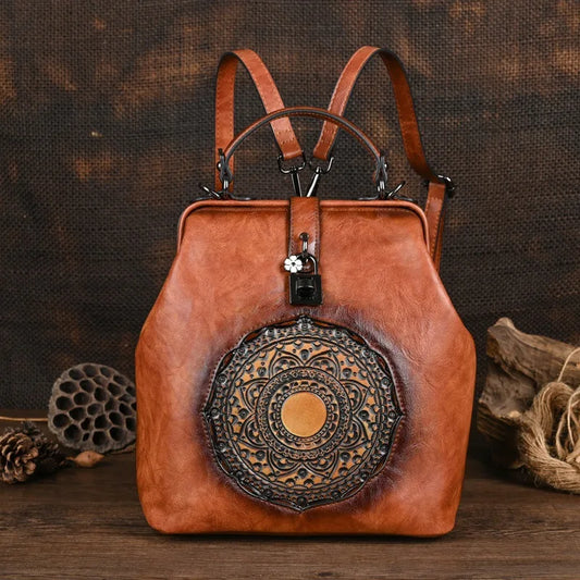 Women's vintage leather backpack, luxurious and elegant