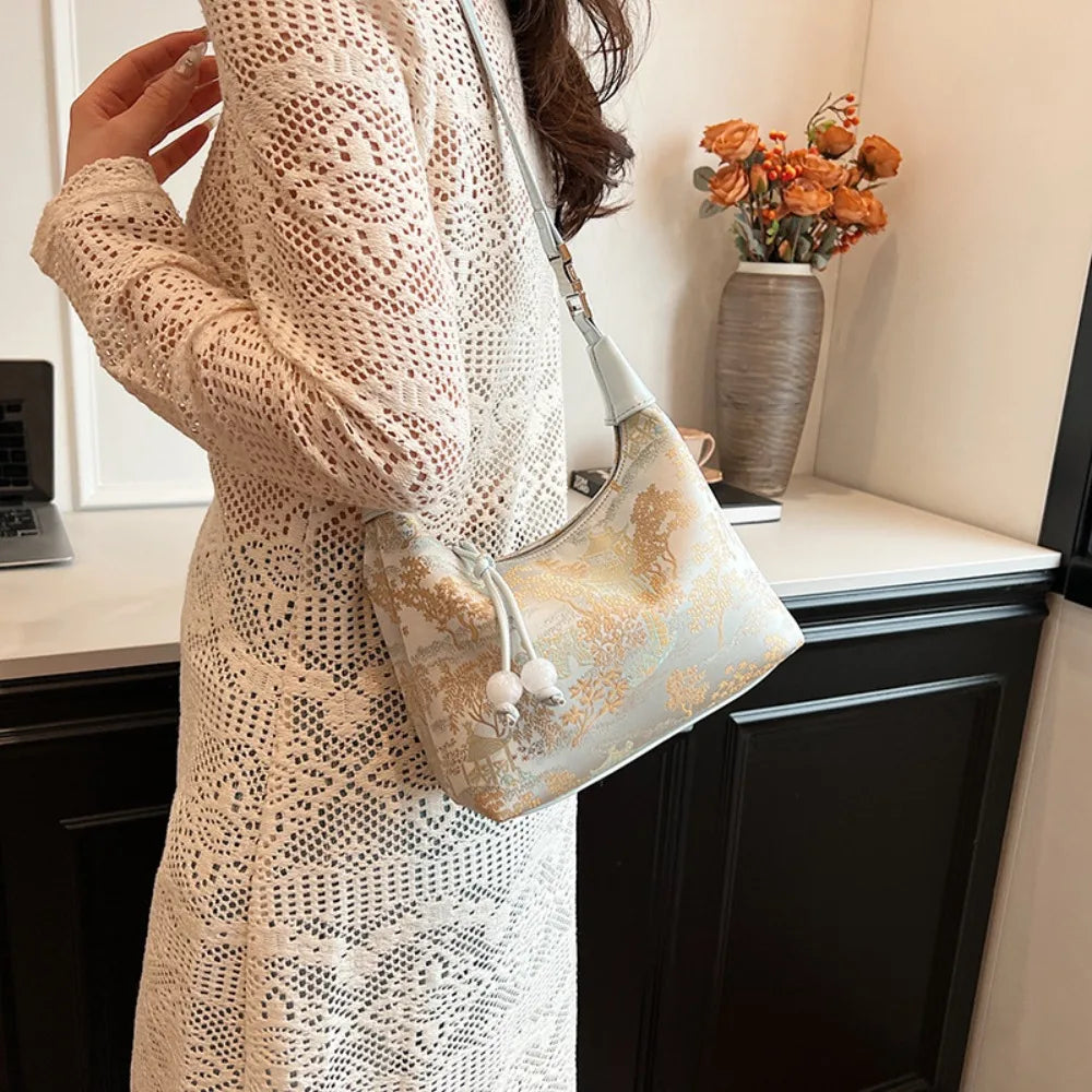 Women's embroidered handbag with zipper, made of silky fabric, adjustable strap