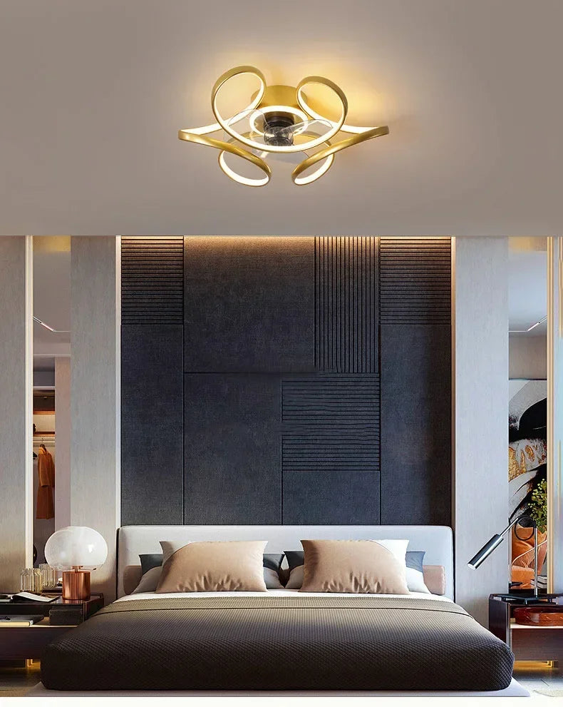 Smart Nordic ceiling fan with LED light, dimmable and silent, with remote control. Bedroom lighting