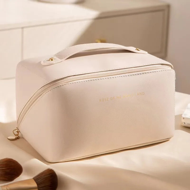 A sophisticated, portable, and large toiletry bag for cosmetics or personal hygiene items.
