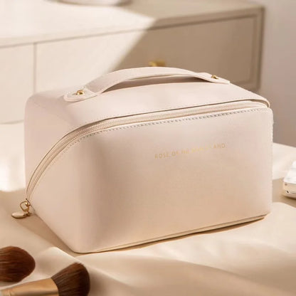 A sophisticated, portable, and large toiletry bag for cosmetics or personal hygiene items.