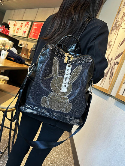 Multifunctional women's backpack with rabbit design and rhinestones, made of leather