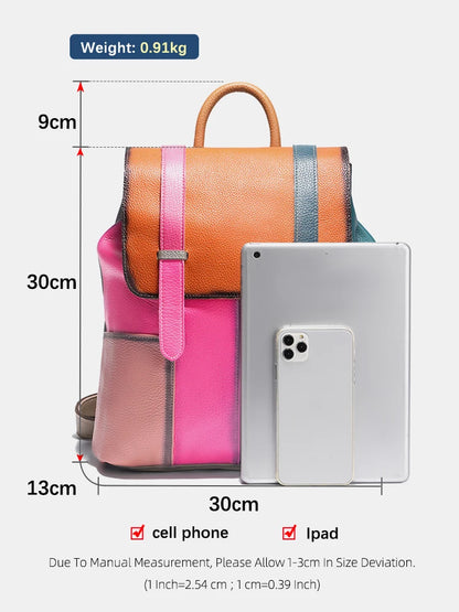 Women's Genuine Leather Backpack – Stylish, Spacious, and Featuring a Patchwork Design