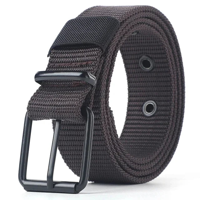 Unisex canvas belt with pin buckle and leather eyelet details