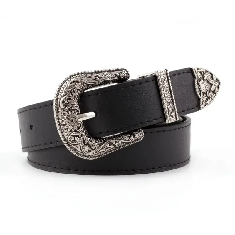 Adjustable women's boho western style belt with round buckle
