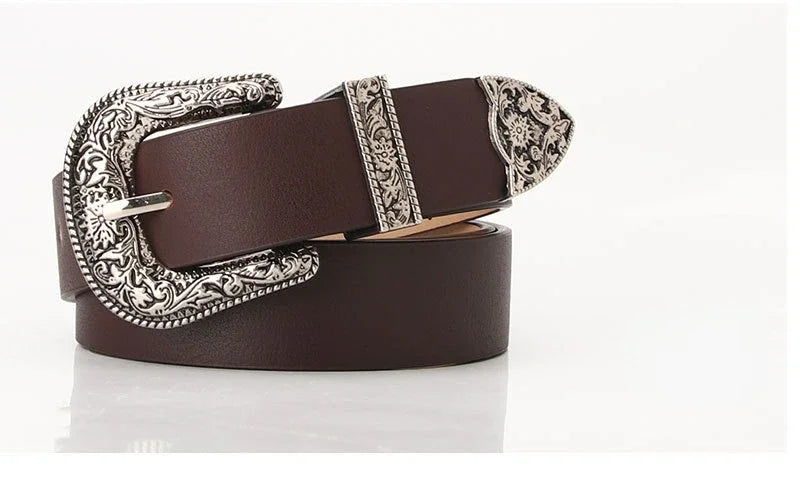 Adjustable women's boho western style belt with round buckle