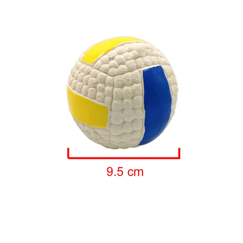 Soft latex ball with a squeaker for small and large dogs. Shaped like a game ball such as rugby, tennis, volleyball, soccer, and basketball. Engages your pet in play and helps clean their teeth