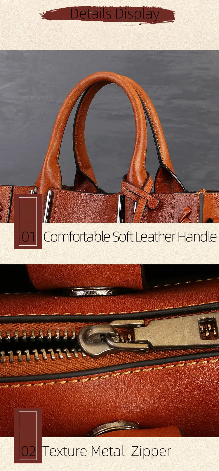 Women's genuine leather shopper bag with zipper closure