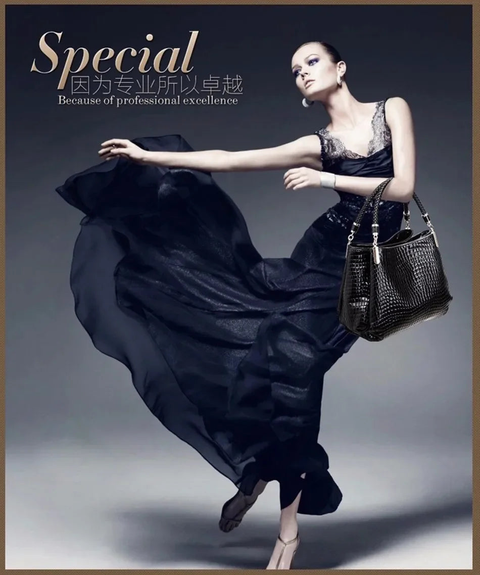 Women's satchel and tote bag with crocodile print and top handle. Stylish