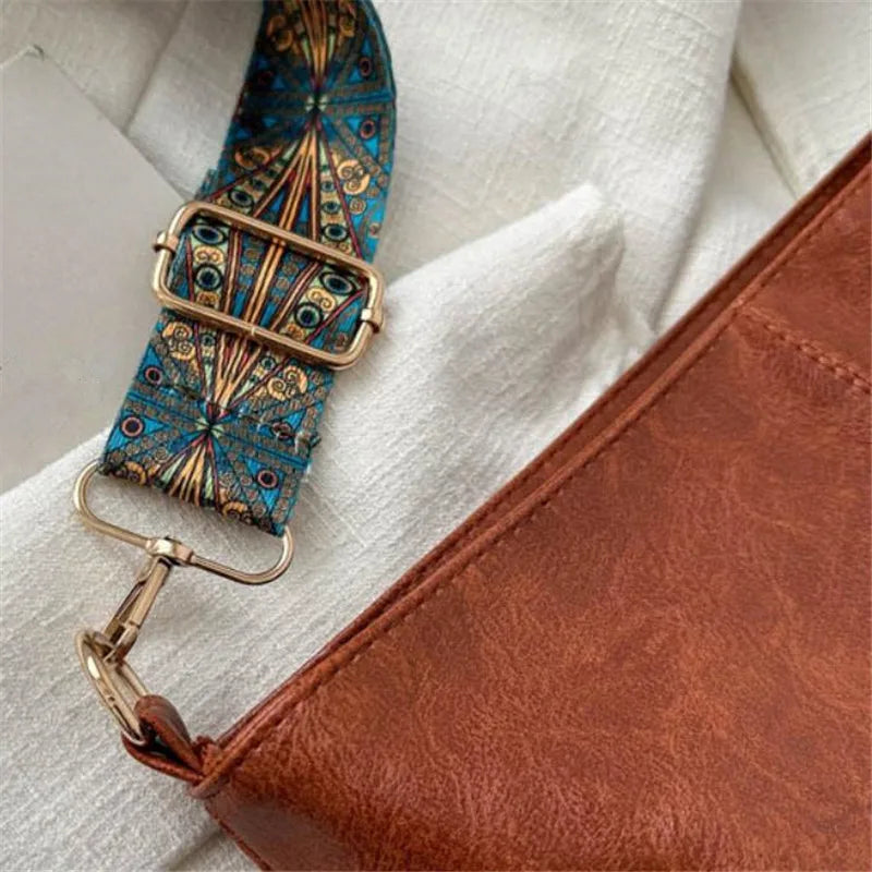 Women's bohemian-style handbag with vintage embroidery and a wide strap