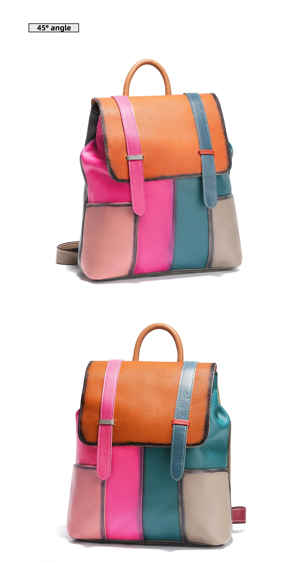 Women's Genuine Leather Backpack – Stylish, Spacious, and Featuring a Patchwork Design