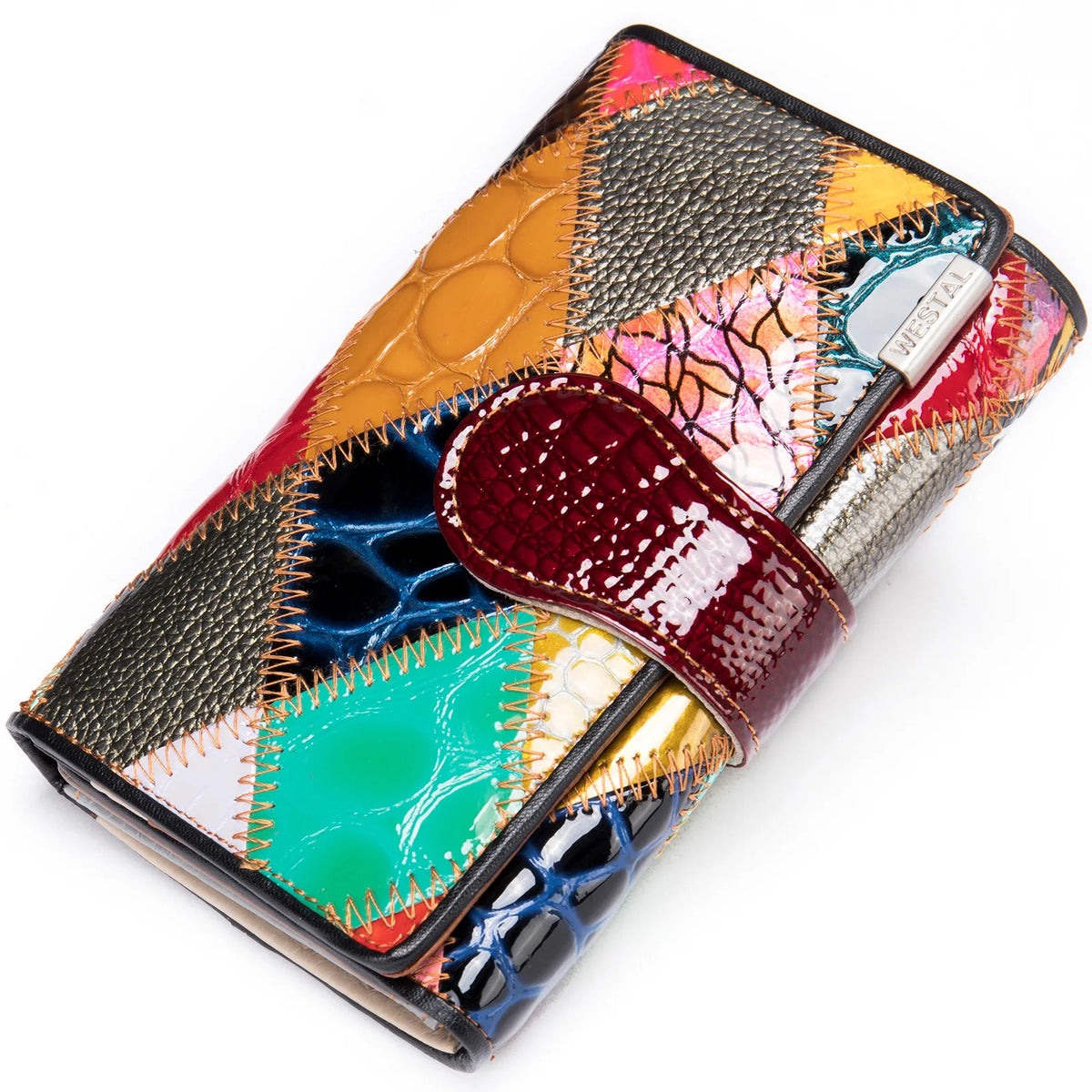 Elegant, compact women's wallet featuring a two-tone design, coin pocket, multiple card slots, and a money clip; crafted from high-quality genuine leather.