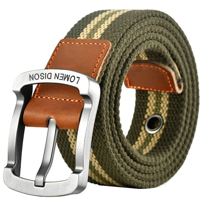 Men's tactical canvas belt, modern and casual, goes well with jeans, ideal accessory for outdoor sports and hunting, with nylon pin buckle