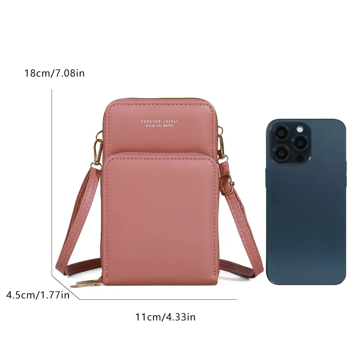 Modern, compact, and secure women's cell phone bag. Holds phones, cards, and documents
