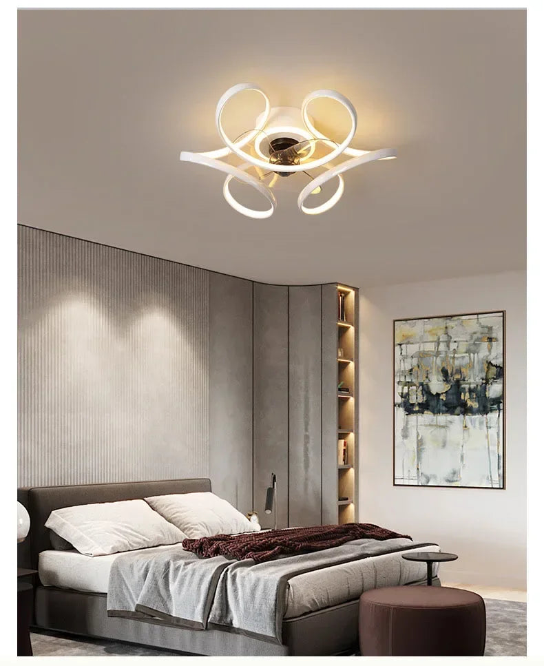 Smart Nordic ceiling fan with LED light, dimmable and silent, with remote control. Bedroom lighting