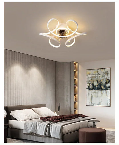 Smart Nordic ceiling fan with LED light, dimmable and silent, with remote control. Bedroom lighting