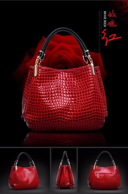 Women's satchel and tote bag with crocodile print and top handle. Stylish