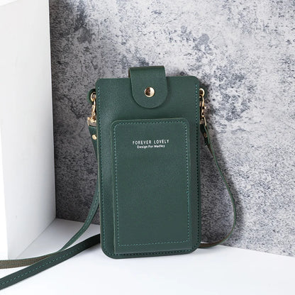 Modern shoulder bag in a solid color, with compartments for cell phone, wallets, and document holder