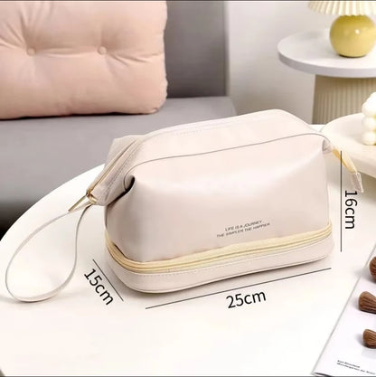 A sophisticated, portable, and large toiletry bag for cosmetics or personal hygiene items.