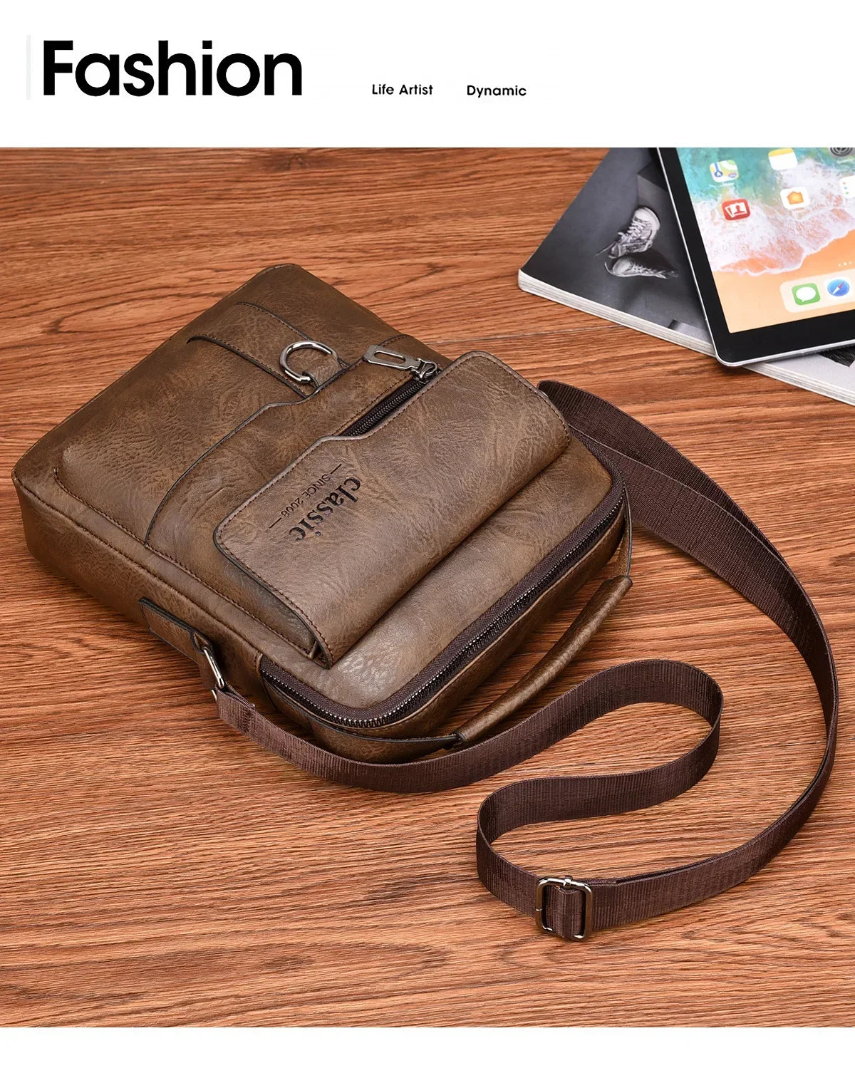 Men's crossbody bag with zipper closure, made of synthetic leather and with ample storage capacity