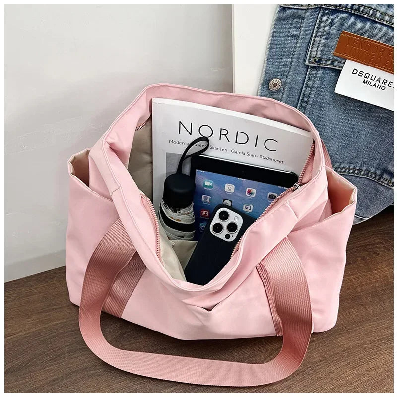Bolsa de ombro de grande capacidade para mulheres, bolsa casual de nylon durável com vários bolsos, sacola de viagem leve