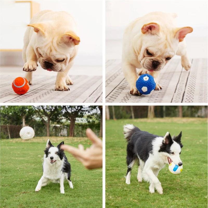 Soft latex ball with a squeaker for small and large dogs. Shaped like a game ball such as rugby, tennis, volleyball, soccer, and basketball. Engages your pet in play and helps clean their teeth