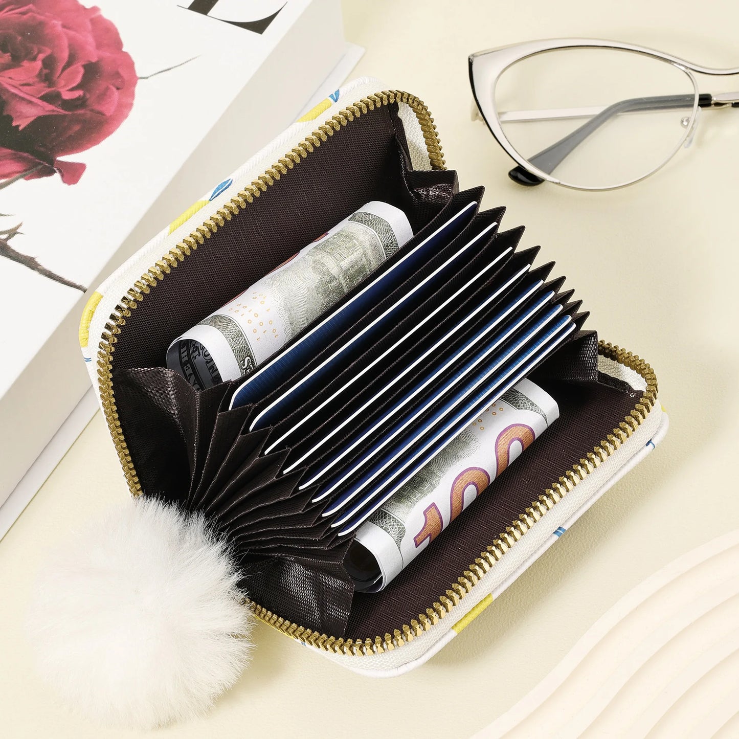 New women's card case With a Pom-pom Charm, Credit card holder, women's short wallet