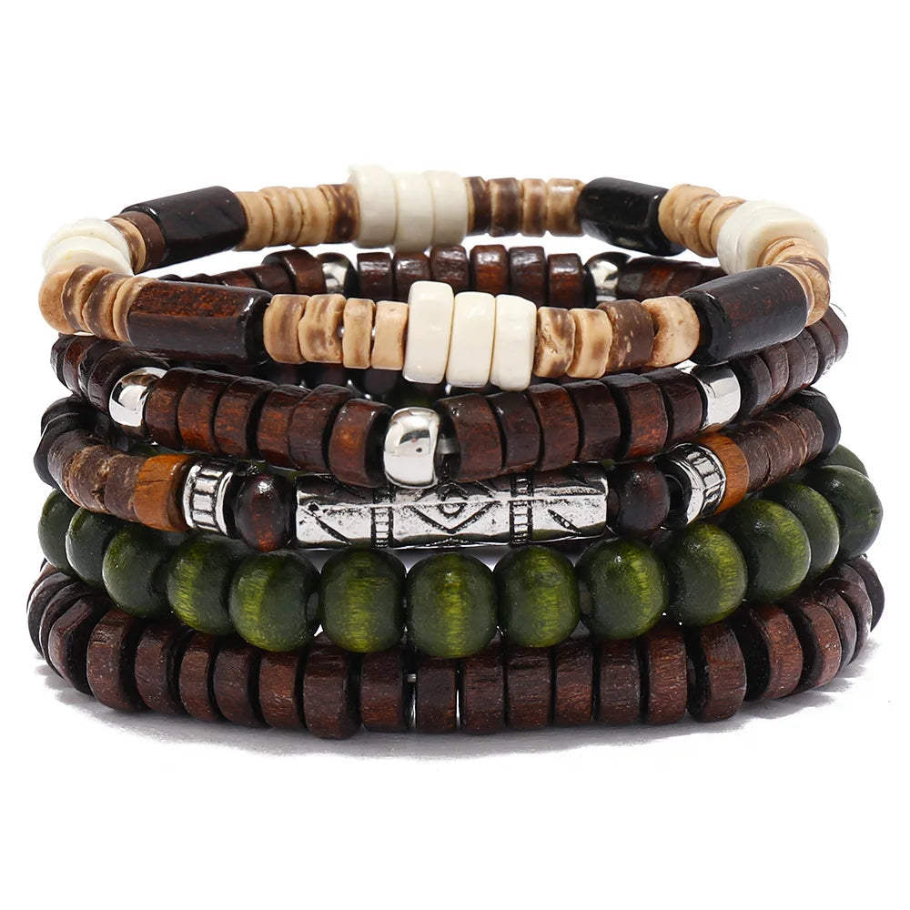 Retro men's multi-layered bracelet made with coconut shell, elastic cord, and wooden beads