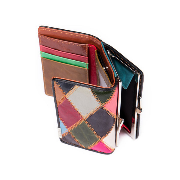 Elegant, compact women's wallet featuring a two-tone design, coin pocket, multiple card slots, and a money clip; crafted from high-quality genuine leather.