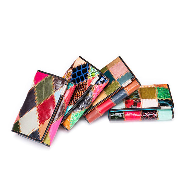 Elegant, compact women's wallet featuring a two-tone design, coin pocket, multiple card slots, and a money clip; crafted from high-quality genuine leather.