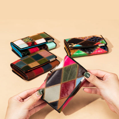 Elegant, compact women's wallet featuring a two-tone design, coin pocket, multiple card slots, and a money clip; crafted from high-quality genuine leather.