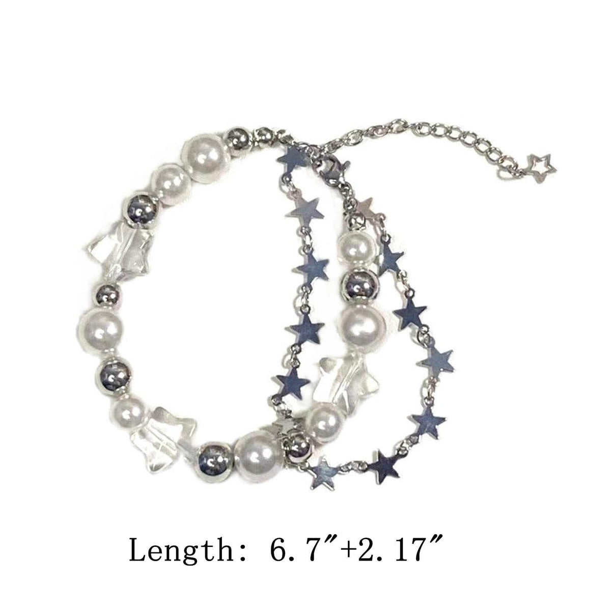 Adjustable bracelet with a double zinc alloy chain, featuring pearls and resin stars, ideal as a gift for girls. Beautiful, lightweight, and charming