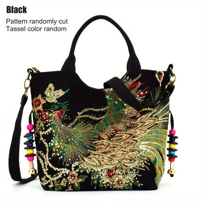 Women's embroidered crossbody bag with detachable double strap, retro style