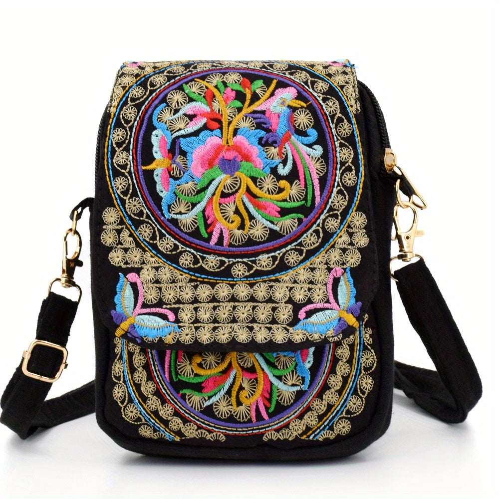 Women's Crossbody Bag with Removable Strap – Floral and Geometric Embroidery Print