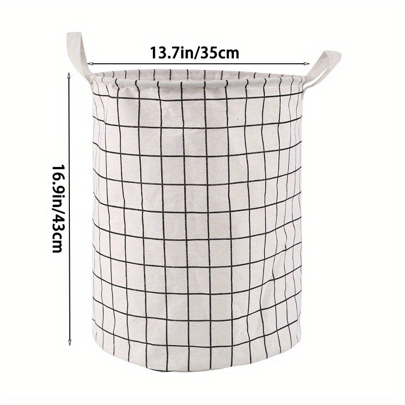 Round, portable fabric laundry basket, ideal for the laundry room or bathroom
