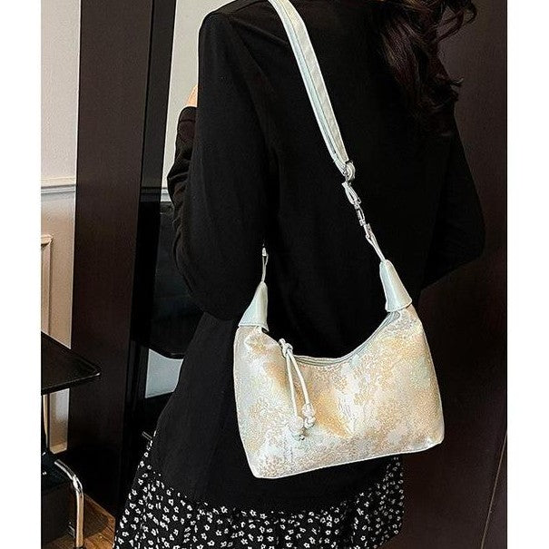 Women's embroidered handbag with zipper, made of silky fabric, adjustable strap