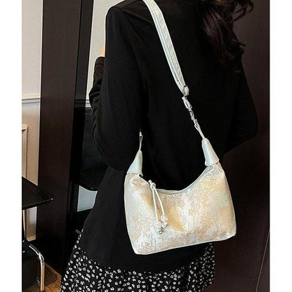 Women's embroidered handbag with zipper, made of silky fabric, adjustable strap