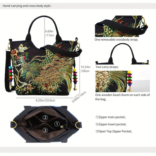Women's embroidered crossbody bag with detachable double strap, retro style