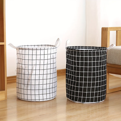 Round, portable fabric laundry basket, ideal for the laundry room or bathroom