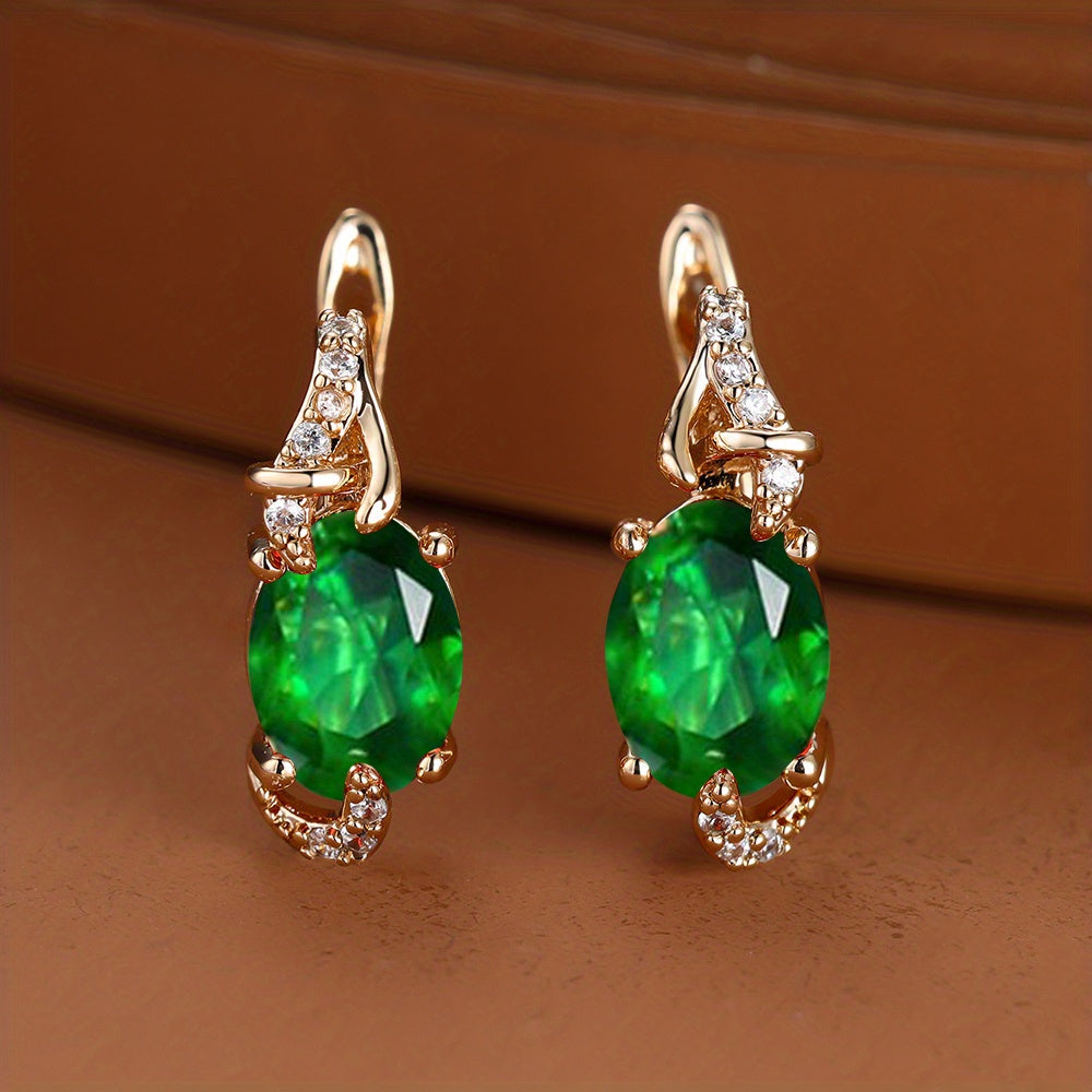 18K gold-plated stud earrings with a pendant set with round or oval-cut stones - Women's jewelry