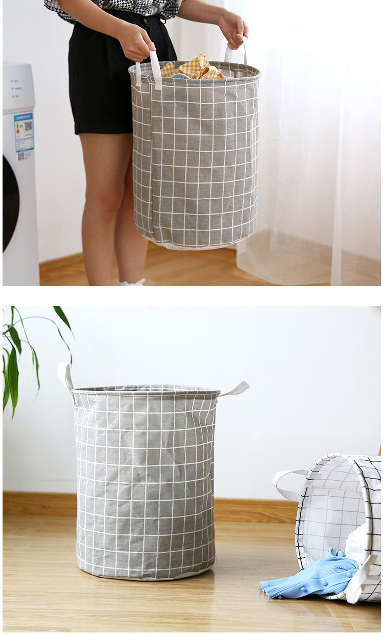 Round, portable fabric laundry basket, ideal for the laundry room or bathroom