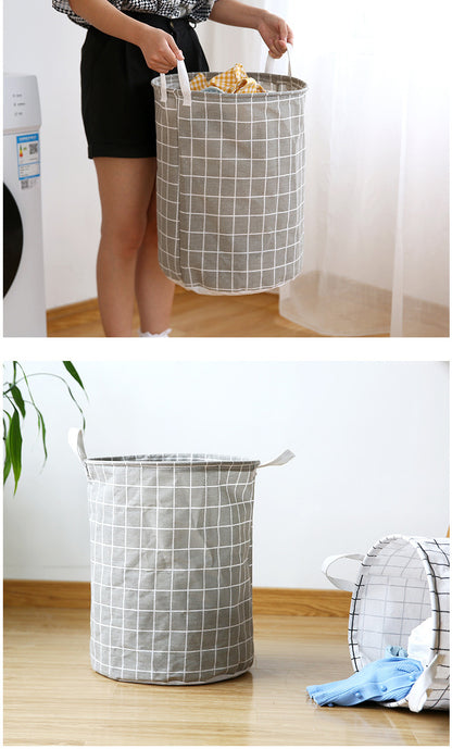 Round, portable fabric laundry basket, ideal for the laundry room or bathroom