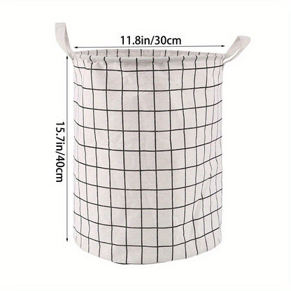 Round, portable fabric laundry basket, ideal for the laundry room or bathroom