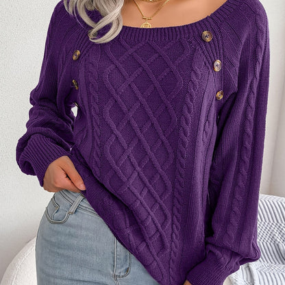 Women's sweater with puff sleeves, textured buttons, and a round neck
