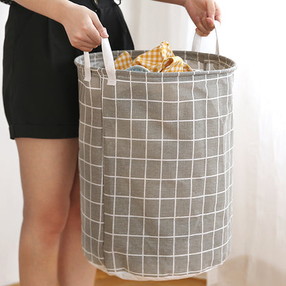 Round, portable fabric laundry basket, ideal for the laundry room or bathroom