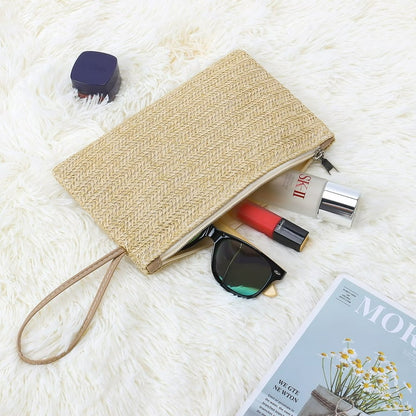 Women's wrist bag made of braided straw material, bohemian style design, modern, elegant and durable