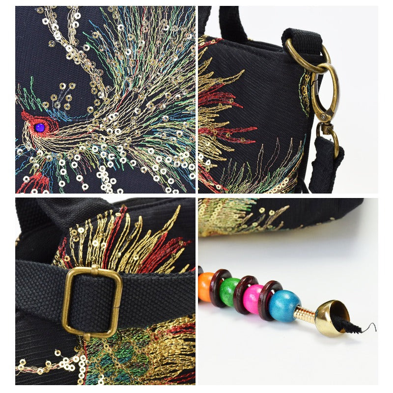 Women's embroidered crossbody bag with detachable double strap, retro style